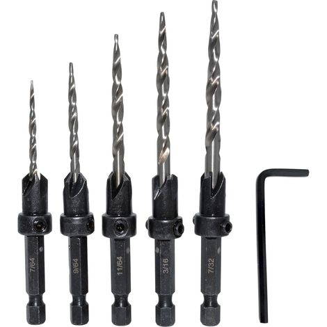 Lot de 5 forets coniques à tige hexagonale 3 en 1 pour perçage de 7/64 9/64 11/64 3/16 7/32 trous de vis avec butée de profondeur réglable à dégagement rapide 1 clé Allen