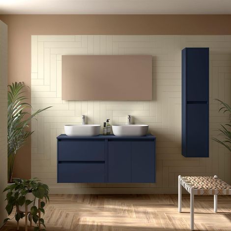 Badezimmermöbel NOJA 1200 2 Türen und 2 Schubladen BLUE SATIN + Waschtisch-Platte (1/2)