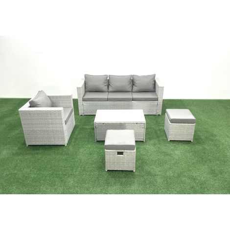 Fimous Polyrattan Gartenmöbel Set mit 3-Sitzer Sofa Sessel Rechteckiger Couchtisch 2 Hockern Hellgrau gemischt 6-Sitzer