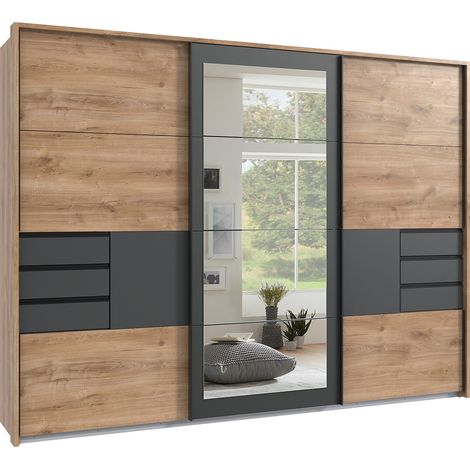 Armoire à portes coulissantes coloris Imitation chêne poutre, rechampis graphite - Longueur 270 x Hauteur 208 x Profondeur 64 cm (1/3)