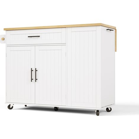 Îlot de cuisine mobile avec plan de travail rabattable, MDF blanc, 130 x 70 x 93 cm (1/5)