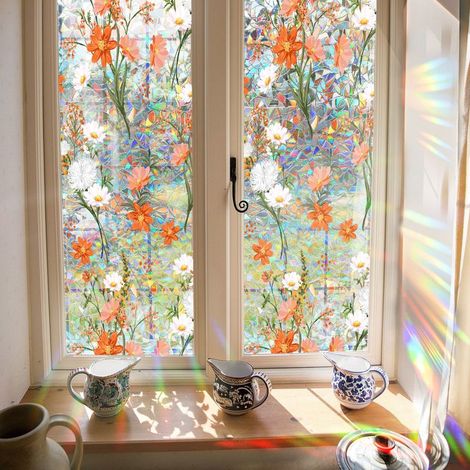 100x43cm Film de Confidentialité pour Fenêtre Arc en Ciel à Fleurs Sauvages Autocollants pour Fenêtre Bloquant Le Soleil Vitrail Décoratif Statique Résistant aux UV Attrape Soleil (1/5)