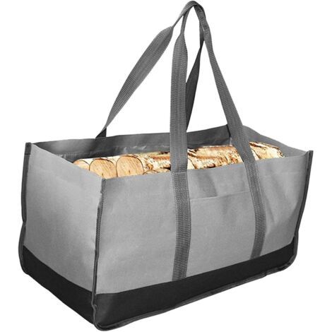 Bolsa para transportar leña de gran capacidad, soporte de madera resistente para troncos (colores gris y negro a juego). (1/4)