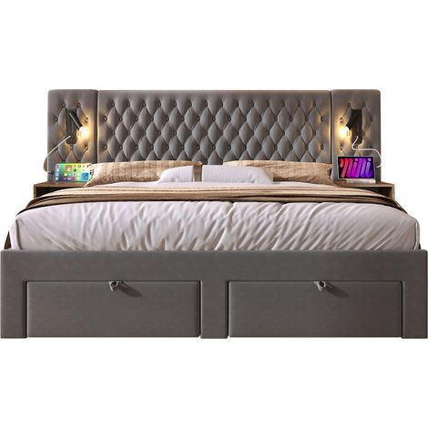HOMVRA Doppelbett 160x200 cm mit Matratze, 2 Nachttischen, 4 Schubladen, USB-C, grauem Samt (1/5)