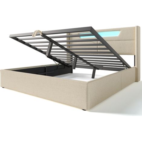 Doppelbett mit Bettkasten 160x200 aus beigem Leinen, LED, USB und Typ-C MODENUIT (1/5)