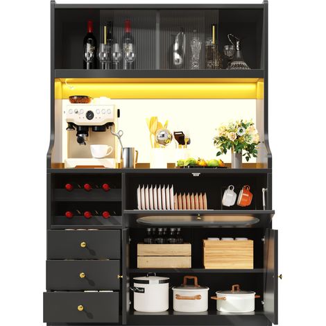 Credenza Alta da Cucina con Ante Scorrevoli in Vetro, 3 Cassetti, LED RGB, Ripiani Regolabili in MDF Nero (1/5)
