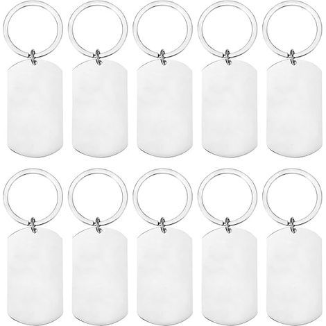 10 étiquettes vierges rectangulaires en acier inoxydable, porte-clés argentés, lot vierge, étiquette à un trou avec anneau pour loisirs créatifs, à graver (1/5)