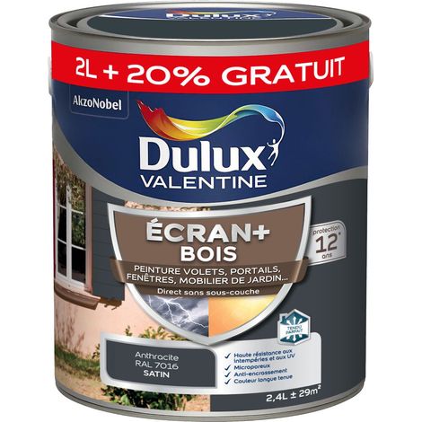 ECRAN+ BOIS - Peinture satinée pour bois extérieur - Volets, portes, fenêtres, portails - Gris Anthracite 2 L + 20% gratuit - Dulux Valentine
