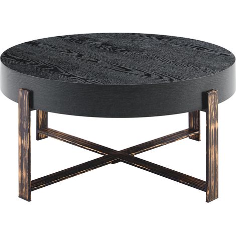 Table basse ronde en MDF effet bois noir 68 cm avec piètement croisé en métal bronze antique (1/5)