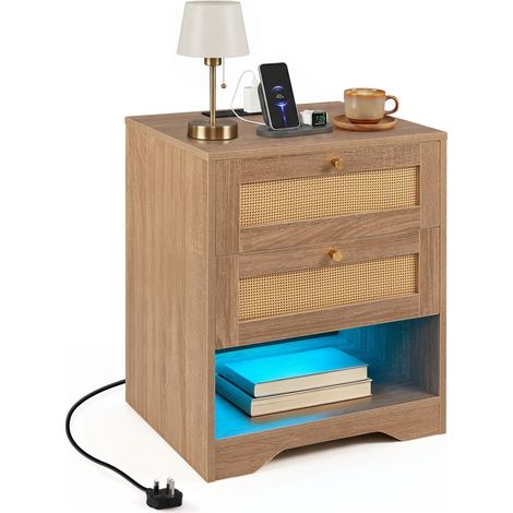 Nightstand with LED Lights & Charging Station, 2 Drawers (1/5)