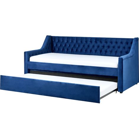 Cama con somier de terciopelo azul marino 90 x 200 cm con botones Montargis (1/5)
