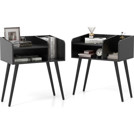 COSTWAY Mid Century Modern Nightstand (Set of 2) with Open Shelves-Black