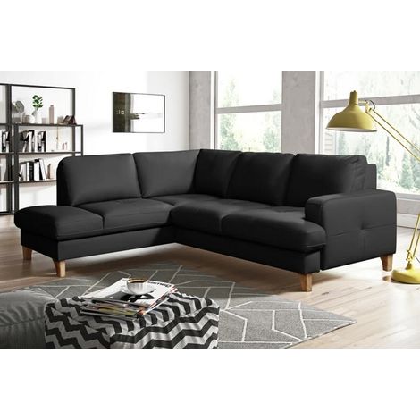 - Canapé d'angle convertible en cuir italien de luxe 4/5 places avec coffre, FARELI, noir, angle gauche (1/5)