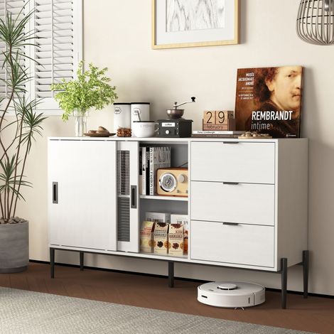 REDOM Buffet 155x40x91.5 cm verre rainuré 2 ptes 3 tiroirs panneau de particules blanc (1/5)