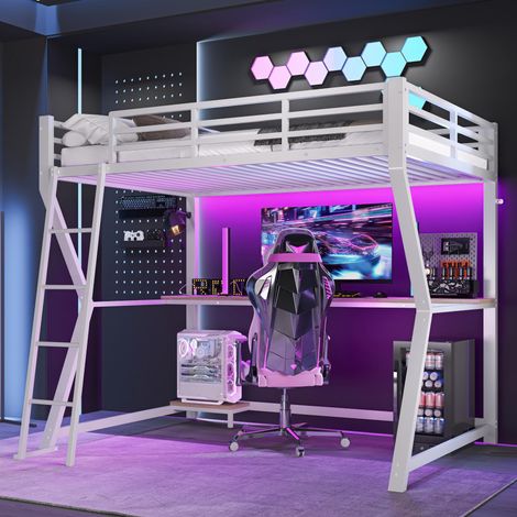 Lit mezzanine, 90x200cm, avec éclairage LED, étagère pour console d'ordinateur, bureau, prise électrique + port USB, rambarde, escalier, sans matelas, blanc, garantie 2 ans