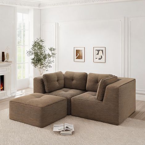 Marron Canapé d'angle modulaire en tissu éponge avec repose-pieds (1/5)