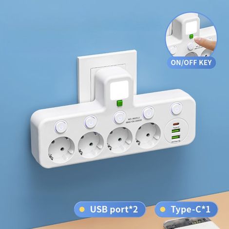 Multiprise USB avec interrupteur – Prise multiple avec ports USB et USB-C – Rallonge électrique avec veilleuse – Charge intelligente – Blanche (1/2)