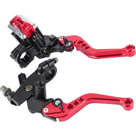 Modification de moto avec freins hydrauliques et levier d'embrayage, comportant une paire de coupelles d'huile en métal rouge de chaque côté. (1/5)