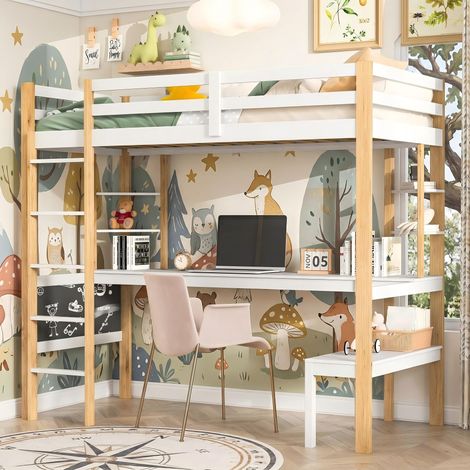 Hochbett 90 x 200 cm – Hochbett für Kinder mit Schreibtisch, Regalen und Tafel – aus Massivholz – Weiß und Natur