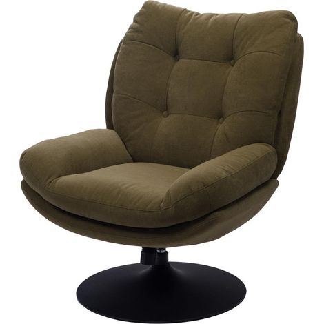 Fauteuil club kaki – Piètement métal noir – Assise rembourrée – 100% polyester – Pour salon, chambre, bureau – Amadeus