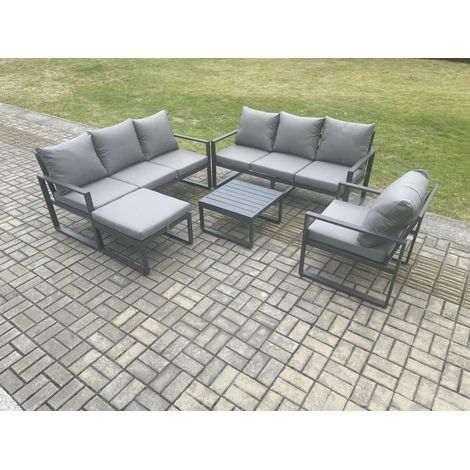Fimous Aluminium 8 Seater Outdoor Garden Furniture Lounge Sofa Set with Square Coffee Table Chair Big Footstool Dark Grey (1/5)