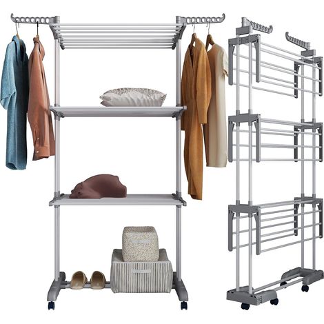 Séchoir à Linge Tour avec roulettes, Fond Pliable, Peu encombrant, avec 6 Ailes Pliables et 2 Ailes latérales, pour l'intérieur et l'extérieur, Gris (1/5)