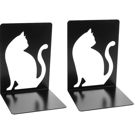 Paire de serre-livres, serre-livres pour étagères, serre-livres robustes en métal noir pour étagères de bureau - Chat blanc qd (1/5)