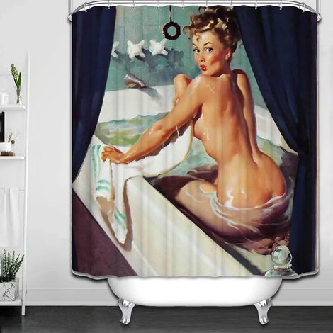 Rideau de douche 3D en polyester imperméable anti-moisissure, 180x180 cm, avec 12 crochets en C pour salle de bain, motif femme bain (1/5)