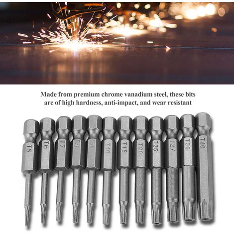 Set mit 12 T5-T40 Sicherheits-Sternschraubendreherbits, Chrom-Vanadium-Stahl, 1/4-Zoll-Sechskantschaft, magnetisch, verstärkte Schrauben. (1/3)