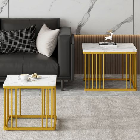 Mesas de Centro Apilables Cuadradas, Tablero Efecto Mármol Brillante, Patas Doradas Regulables, Salón, MDF (1/5)