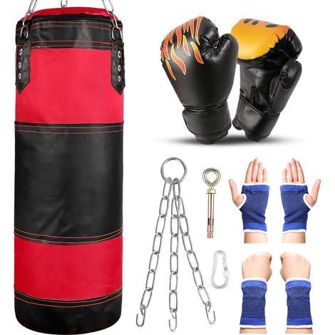 Sac de Frappe avec Gants de Boxe 6OZ, Protège-Poignet, Chaînes et Suspension Support Plafond, Sac Boxe sans Sables Rempli Lourd MMA Muay Thai Kickboxing pour Enfants Adolescents (1/5)