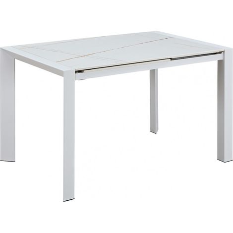 MELIA - Table Repas Allongeable Plateau Céramique Marbré Blanc Pieds Métal Blanc (1/3)