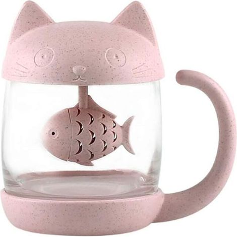 Tasse à thé en verre de chat Boîteille d'eau-Avec filtre de filtre à infusion de pain de poisson 250 ML (8 oz) (Rose) (1/5)