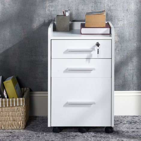 Caisson de bureau rangement bureau sur roulettes 3 tiroirs 1 verrouillable 1 trieur dossiers conçu en bois blanc