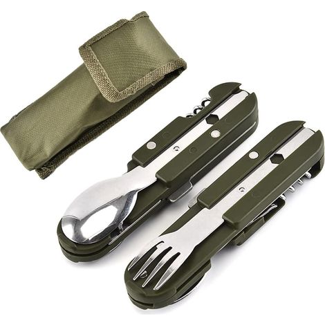 Couverts Pliants Acier Inoxydable - 5 En 1 Fourchette Cuillère Couteau Ouvre-Boîte Ouvre-Bouteille - Pour Camping Randonnée Pique-Nique - 1 Pièce (1/5)