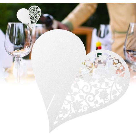 50 Stück herzförmige, hohle Namenskärtchen für Hochzeitstische zur Dekoration von Weingläsern (Weiß) (1/4)