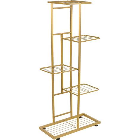 Support pour plantes d\'intérieur et d\'extérieur - Support à fleurs en métal à 5 niveaux avec 6 pots - Support pour plantes d\'angle pour terrasse, jardin, balcon, salon - Doré (1/5)