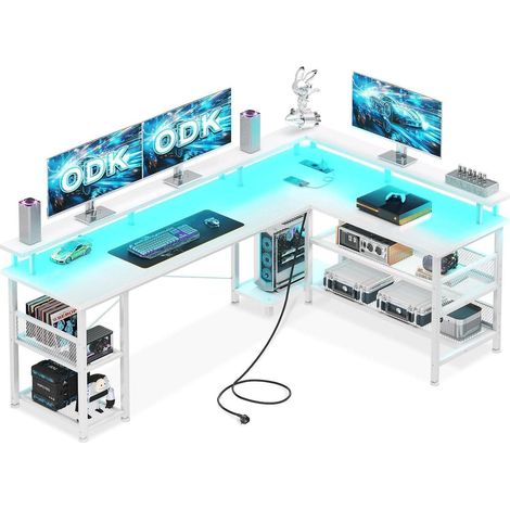 Gaming LED Schreibtisch mit Steckdosen USB-Ladeanschlüssen 168x120cm (1/5)