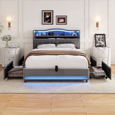 Bett 140x200 cm – Doppelbett 140x200 cm – Erwachsenenbett mit LED und 4 Schubladen - Kopfteil mit Stauraum und USB-Anschlüssen – Grau