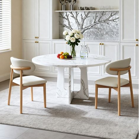 Conjunto de mesa y sillas con mesa redonda de Ø 120 cm y 2 sillas de PU, tablero de MDF con efecto mármol blanco, patas de madera (1/5)