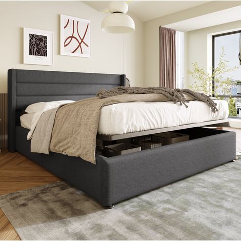 Letto con contenitore in tessuto lino grigio 140x200 cm, testiera imbottita e rete a doghe inclusa (1/5)