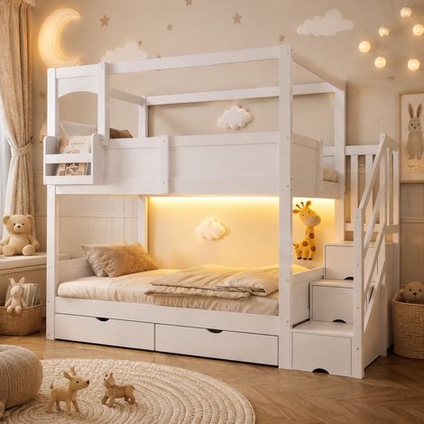 Etagenbett Kinderbett 90200 cm, Bettgestell im Hüttenstil, Mit Flexiblen Ablagefächern und Einer Kreativen Tafel, Mit Aufsteigeleiter und Schubladen, Doppelbett Für Jungen und Mädchen, Weiß (1/5)