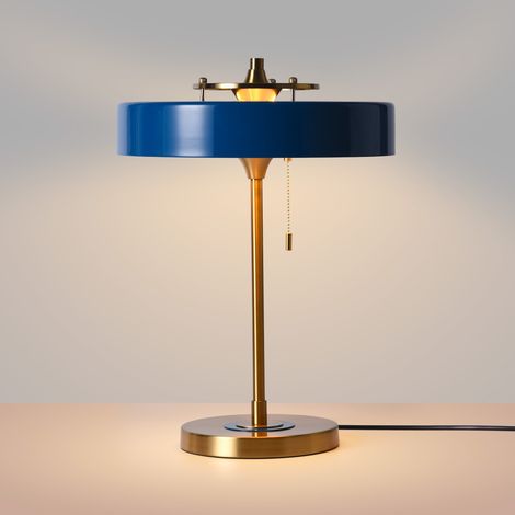 Barcelona Led – Lampe à poser vintage 50's – Abat-jour disque en polycarbonate – 3 douilles E27 – Base dorée robuste – Couleur bleu