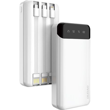 Banco de energía de alta capacidad de 20000 mAh con 3 cables USB-C microUSB Lightning integrados en color blanco (1/5)