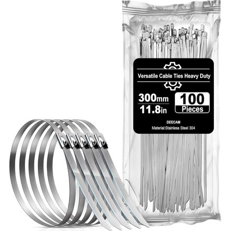 Collier de Serrage Inox 100 Pièces 300×4,6mm, Attache Câblées Acier Inoxydable, Métallique Pour Enroulement D'échappement, Câbles Groupés, Entretenir les Clôtures Argent 300x4.6mm (1/5)