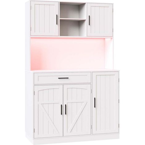 Aparador alto de cocina 110x38x180 cm con 5 puertas, LED y enchufes USB, blanco HOMVRA (1/5)