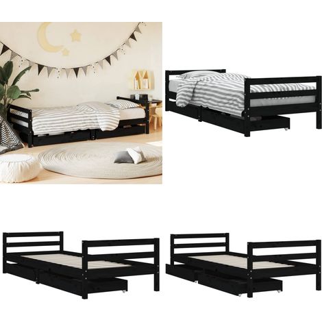Kinderbett mit Schubladen Schwarz 90x200 cm Massivholz Kiefer - Holz Kinderbett - Kiefernholz Kinderbett - Jugendbett - Kinderzimmer Möbel - Schreibtisch Kind - Home & Living