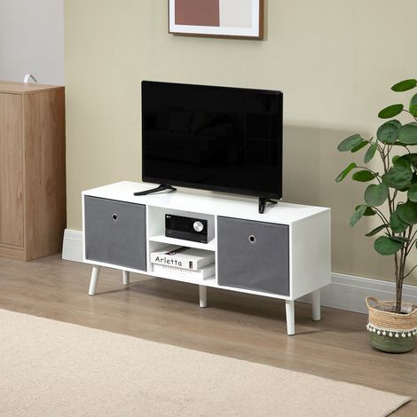 TV-Ständer für Fernseher bis zu 50 Zoll mit 2 Stoffschubladen und offenen Regalfächern, 110 x 29 x 46,5 cm, weiß und grau