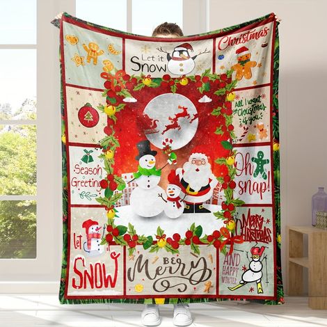 Plaid De Noël - Imprimé Père Noël Et Bonhomme De Neige - En Molleton Doux - Pour Canapé Lit Décoration Intérieure - 1 Pièce (1/5)