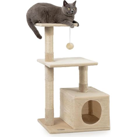 Arbre à Chat avec Niche et Balle en Peluche, Hauteur 85 cm, Arbre à Chat en sisal & Peluche, couchages Confortables & Niche, pour Petits & Grands Chats, Beige (1/5)